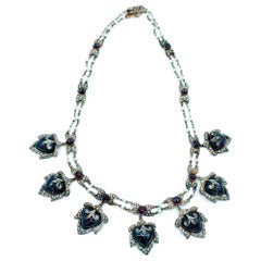 Revival Heart 2 Carat Diamond & Pearl Dangle Necklace with Garnets 18 Karat