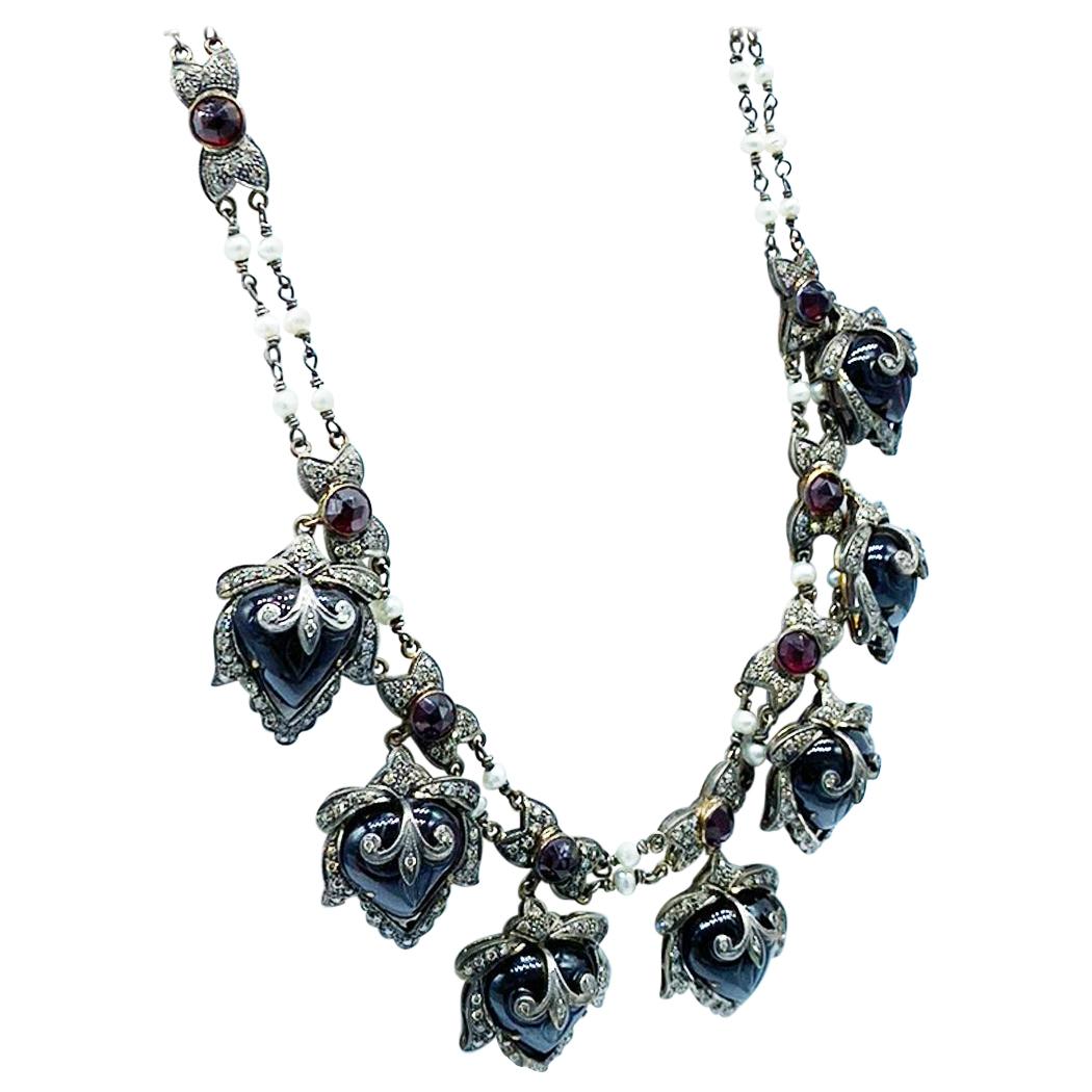 Revival Heart 2 Carat Diamond & Pearl Dangle Necklace with Garnets 18 Karat