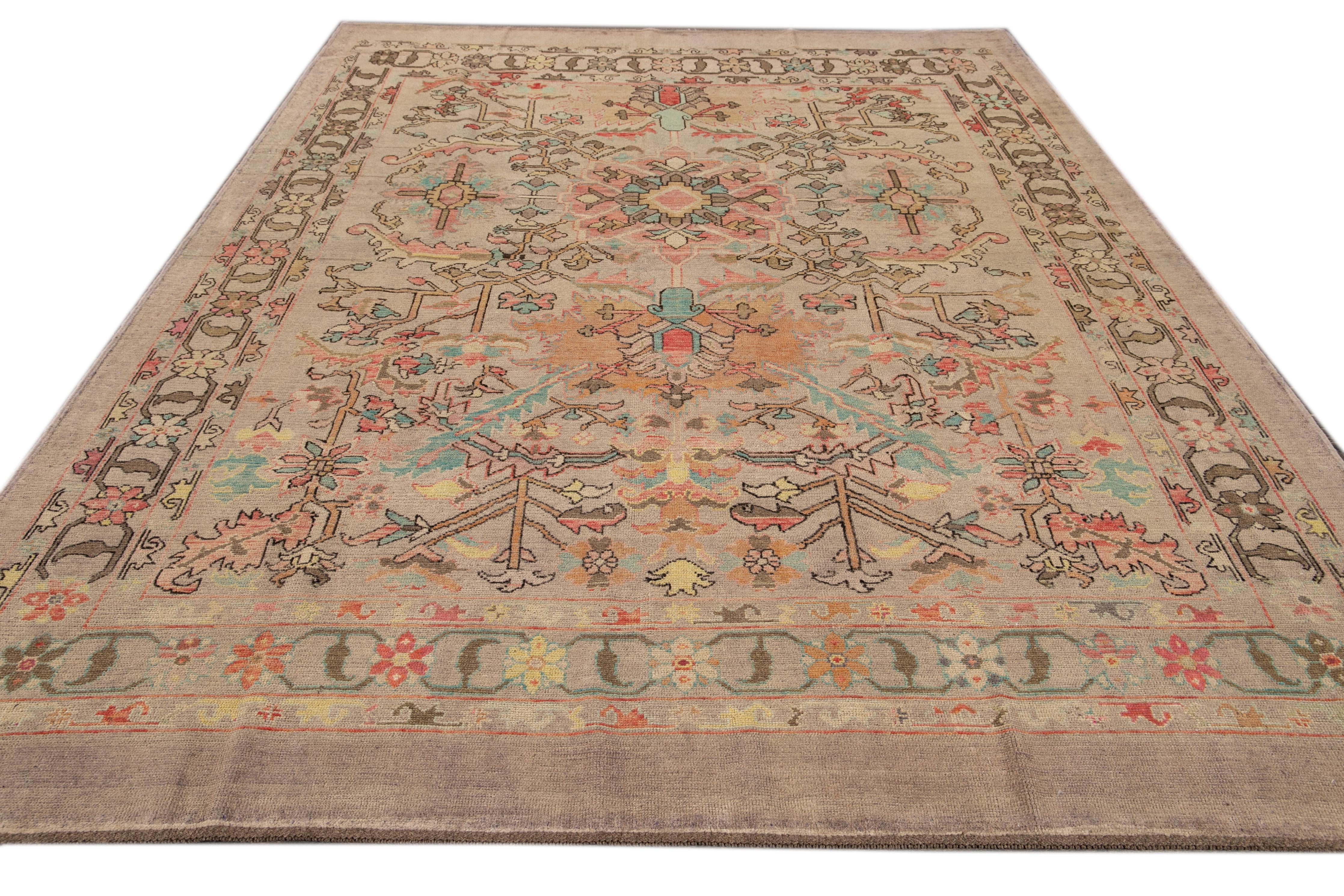 Oushak Revival Modern Handmade Colorful Wool Rug For Sale