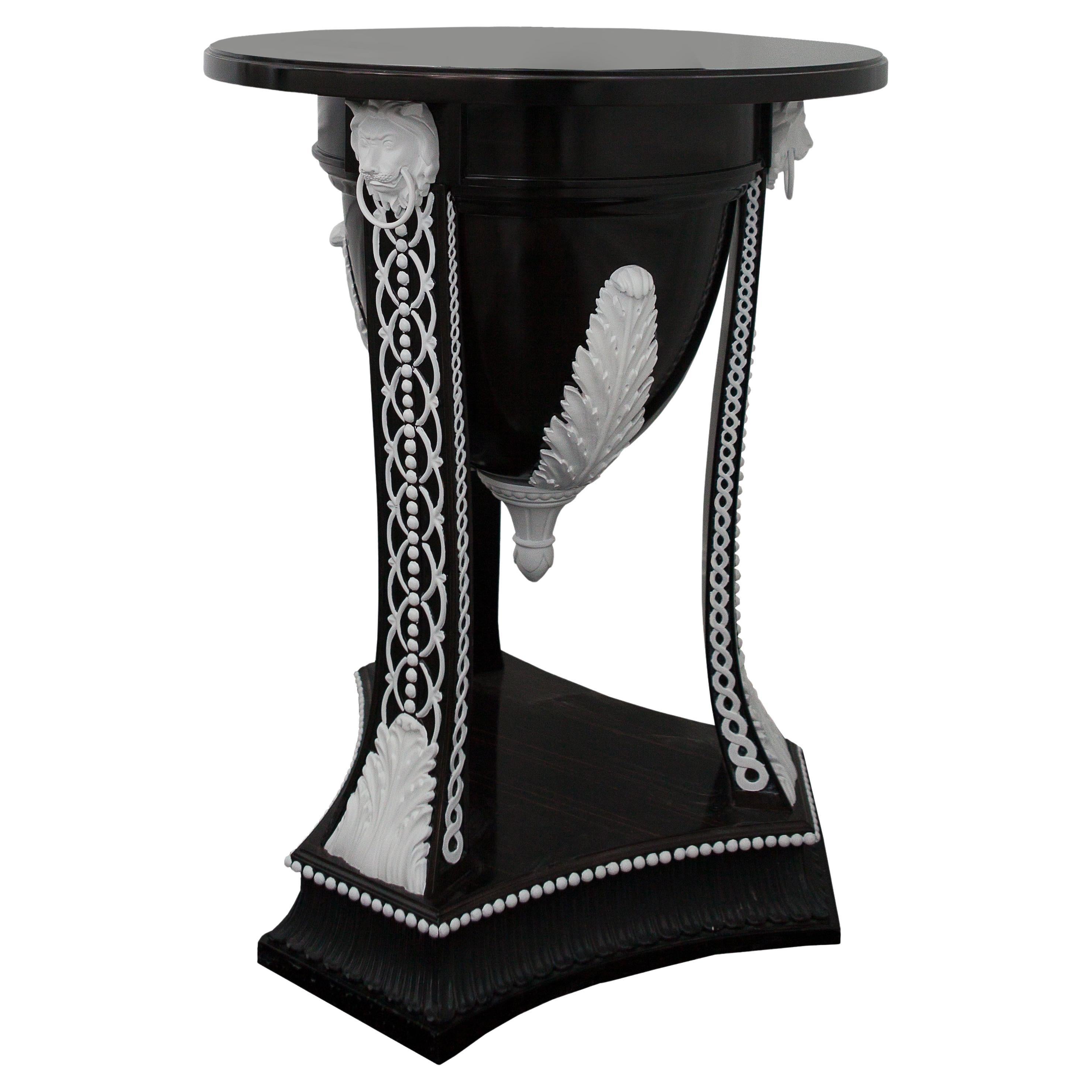 Side Table in Ebony Wood with White Carved Elements, Neoclassical Style