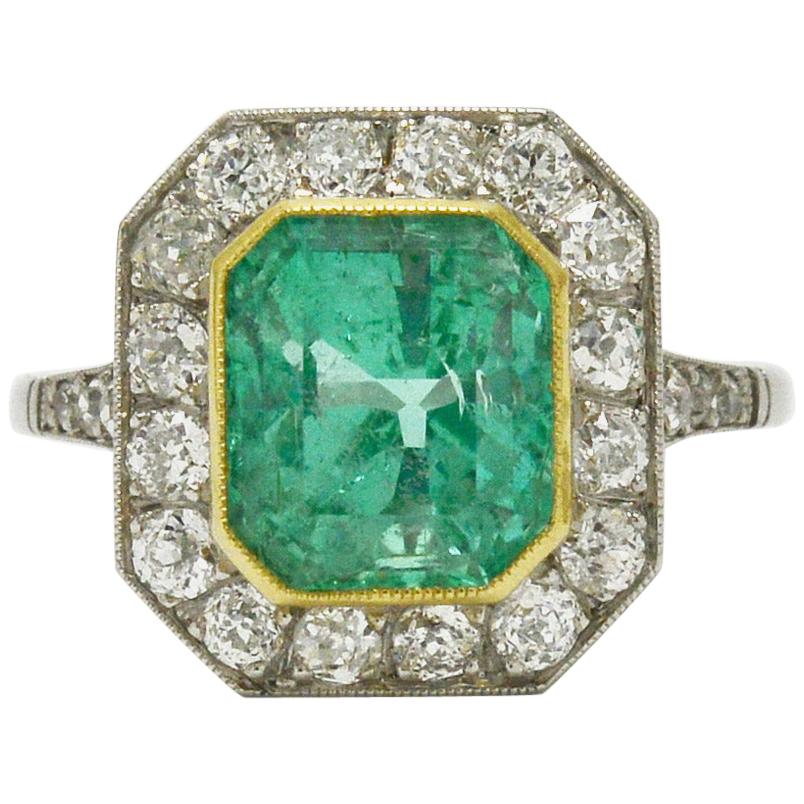 Art Deco Style 3 Carat Colombian Emerald and Diamond Engagement Ring Octagon
