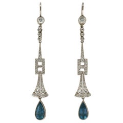 Art Deco Style Diamond Aquamarine Drop Earrings Long Chandelier Dangles
