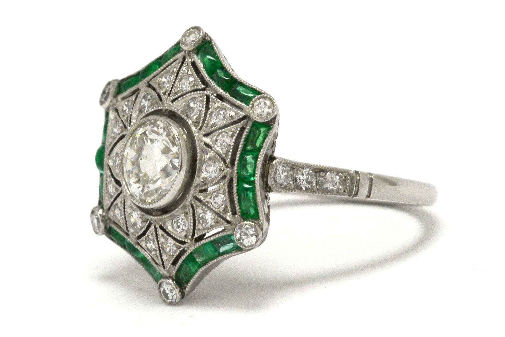 Art Deco Style Diamond Emerald Engagement Ring Star Snowflake Cocktail Ring In New Condition In Santa Barbara, CA