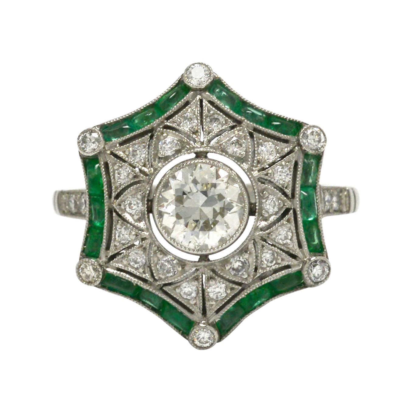 Art Deco Style Diamond Emerald Engagement Ring Star Snowflake Cocktail Ring