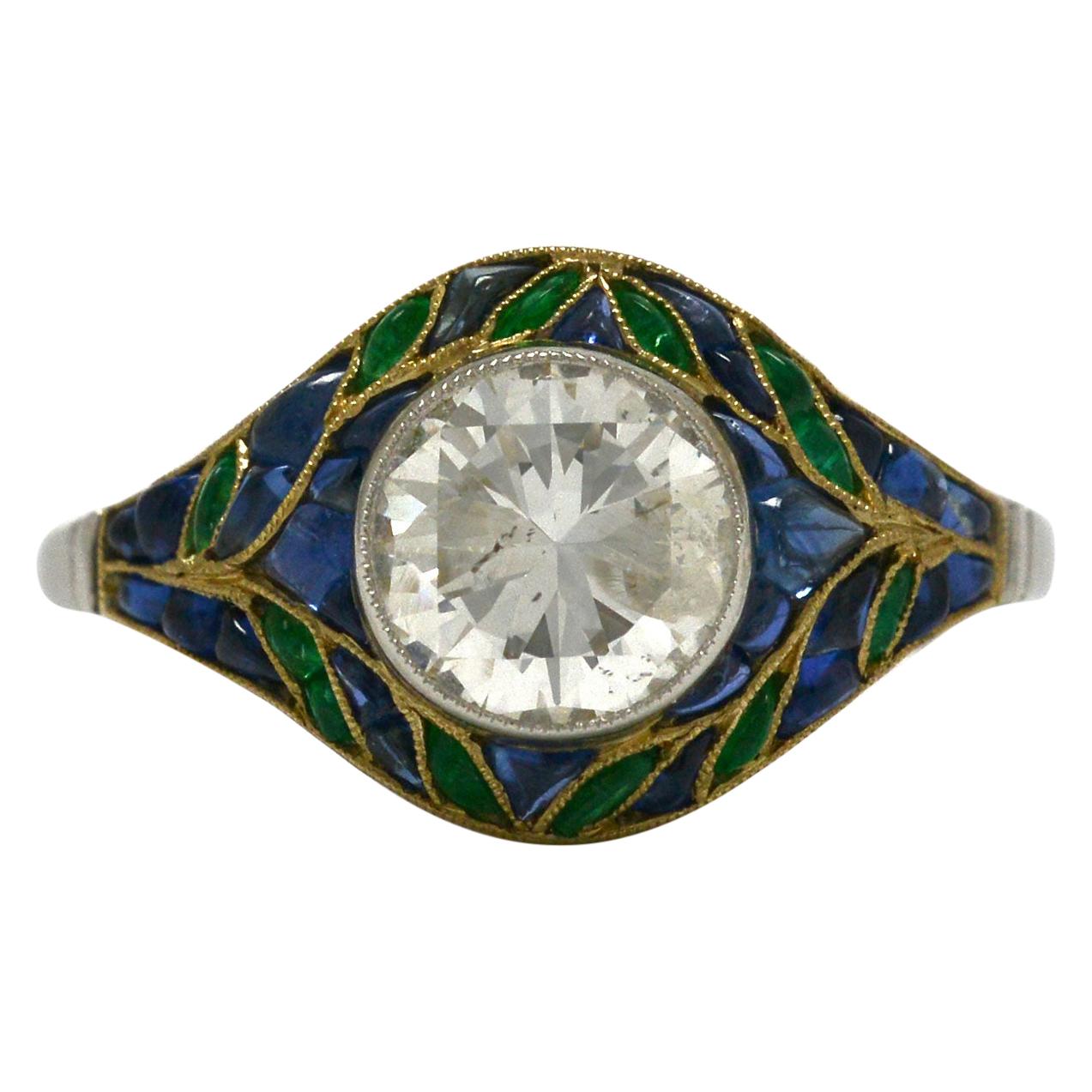 Art Deco Style Diamond Engagement Ring 1.50 Carat Mosaic Sapphire Emerald Gems