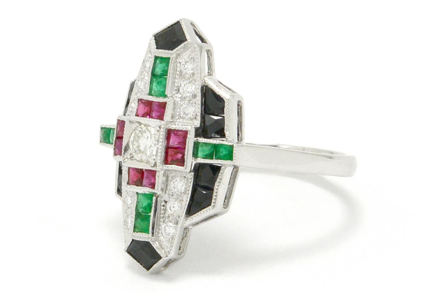 Women's Revivalist Art Deco Diamond Multi Gemstone Engagement Ring Cocktail Statement