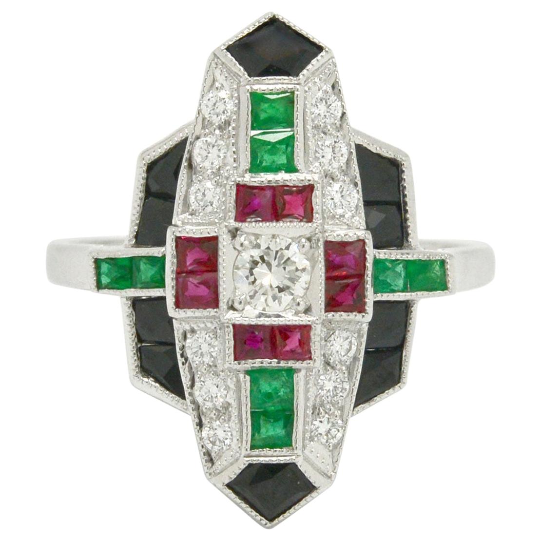 Revivalist Art Deco Diamond Multi Gemstone Engagement Ring Cocktail Statement
