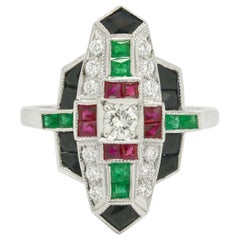 Vintage Revivalist Art Deco Diamond Multi Gemstone Engagement Ring Cocktail Statement