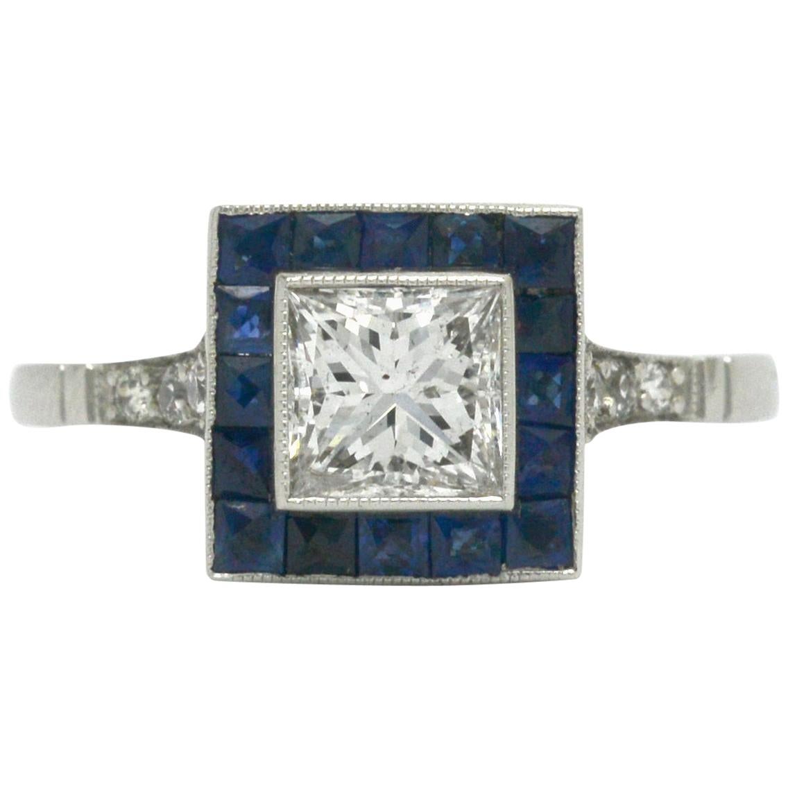 Art Deco Style 1 Carat Princess Cut Diamond and Sapphire Engagement Ring