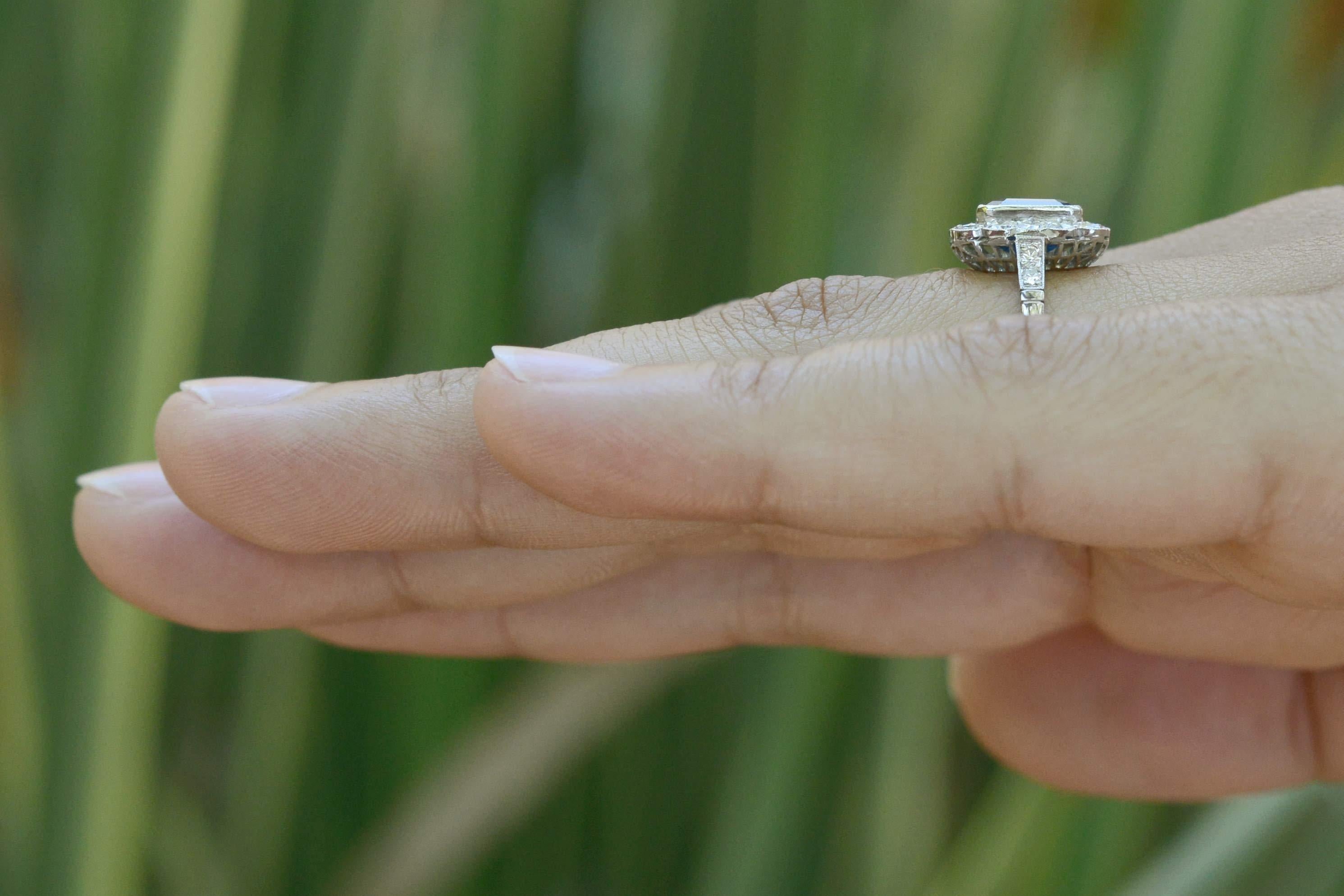 Art Deco Style Sapphire Engagement Ring Emerald Cut Blue Gem Diamond Halo In New Condition In Santa Barbara, CA