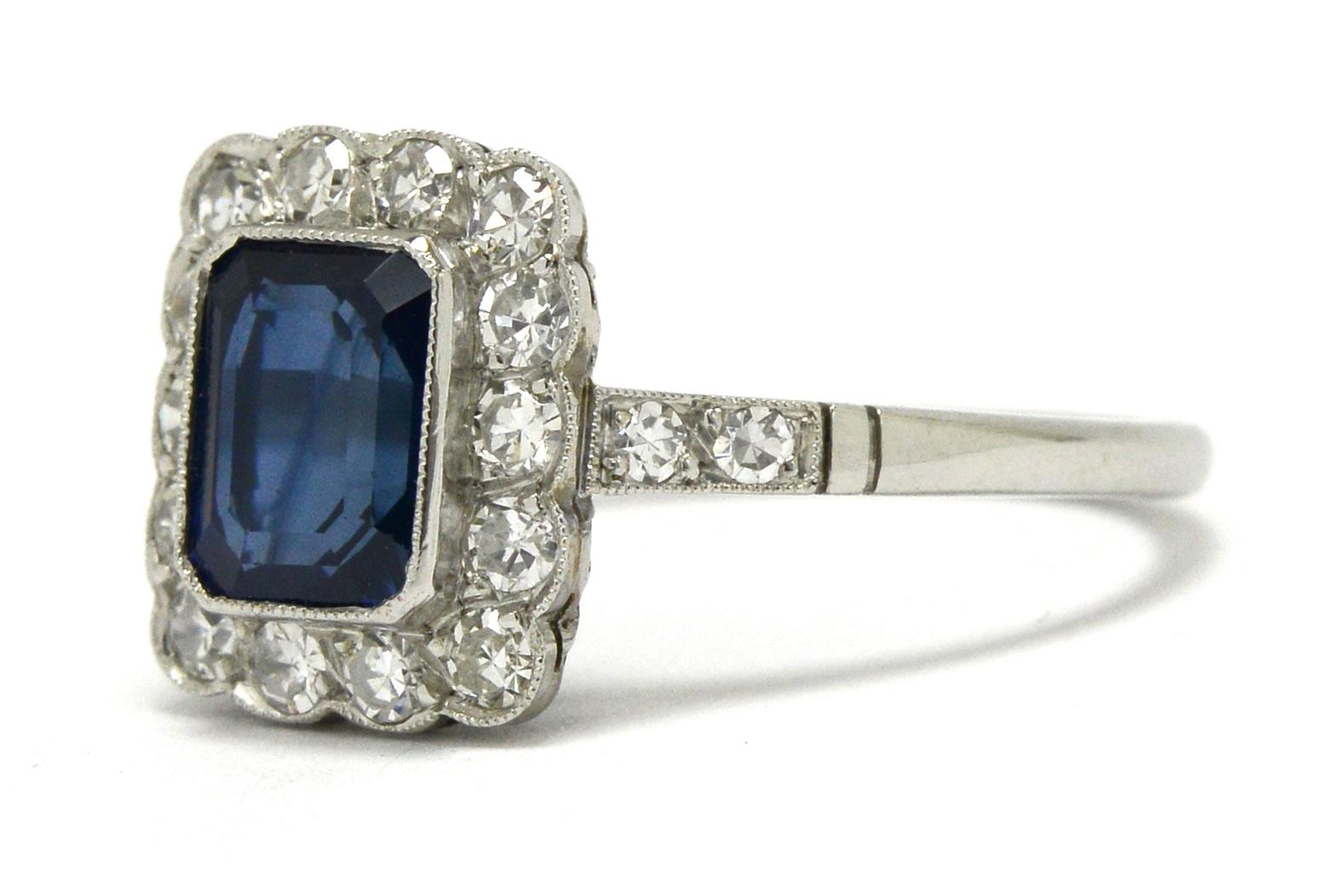 Women's Art Deco Style Sapphire Engagement Ring Emerald Cut Blue Gem Diamond Halo