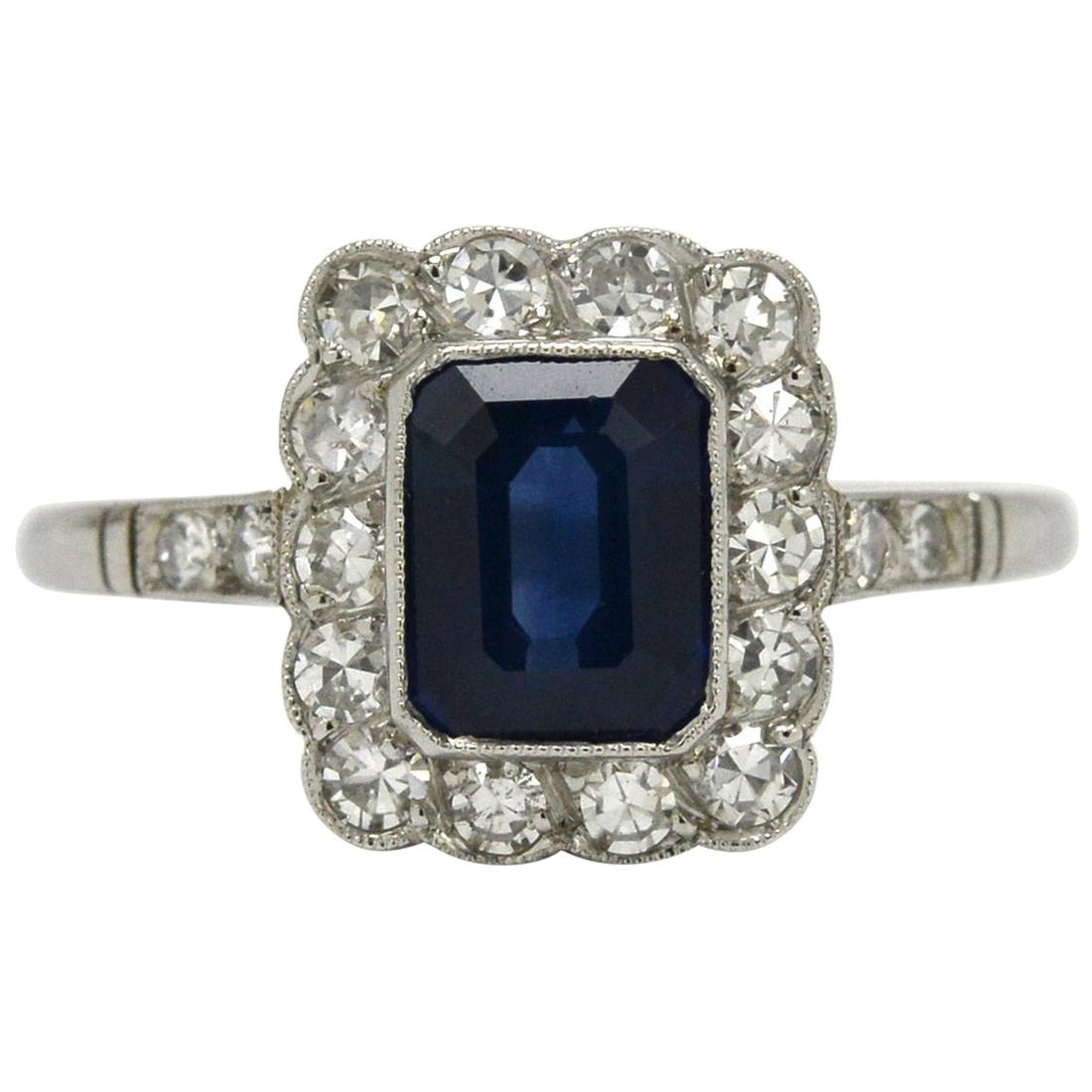 Art Deco Style Sapphire Engagement Ring Emerald Cut Blue Gem Diamond Halo