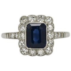 Art Deco Style Sapphire Engagement Ring Emerald Cut Blue Gem Diamond Halo