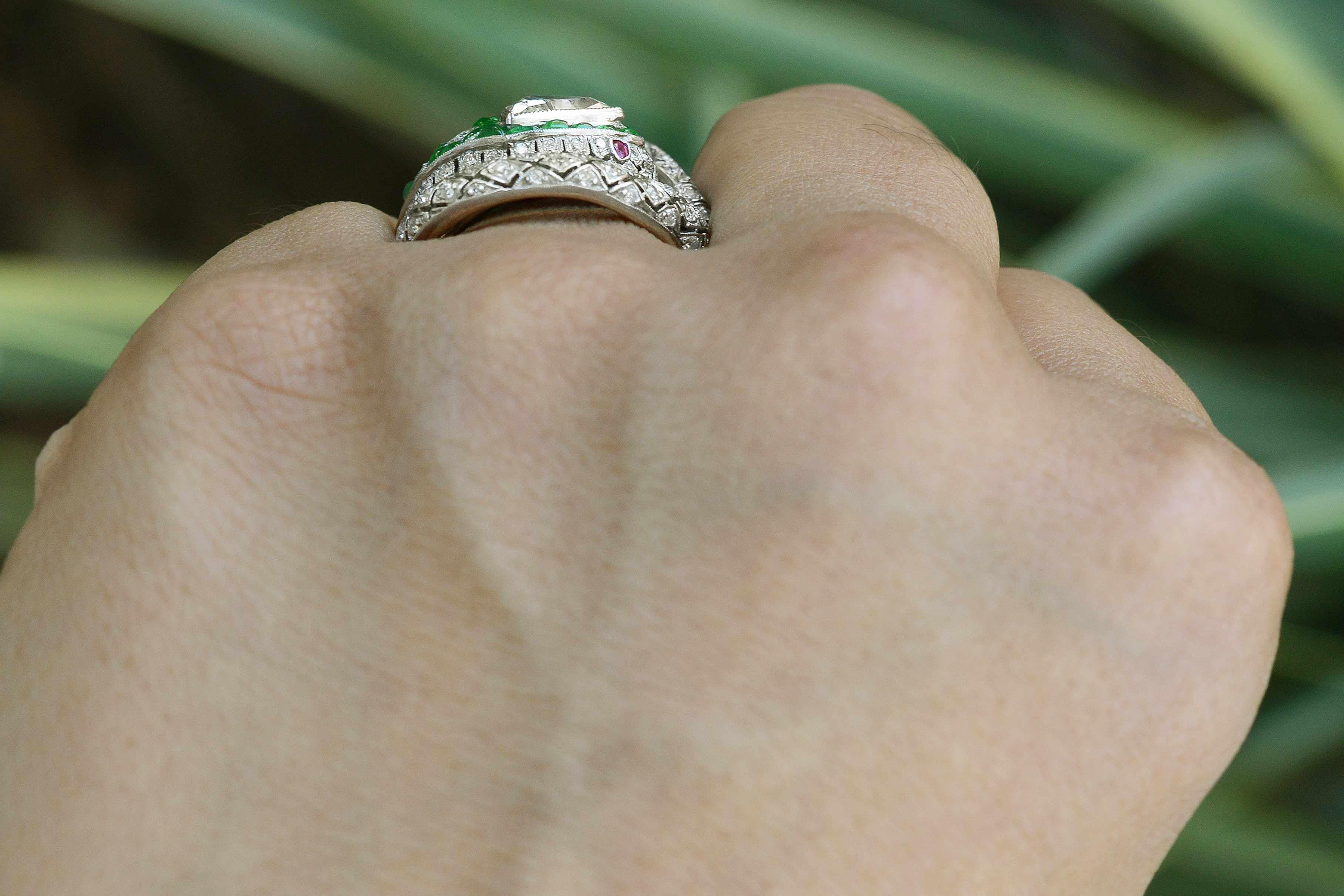 Trillion Cut Art Deco Style Snake Ring 1.17 Carat Trillion Diamond Emerald Ruby Egyptian