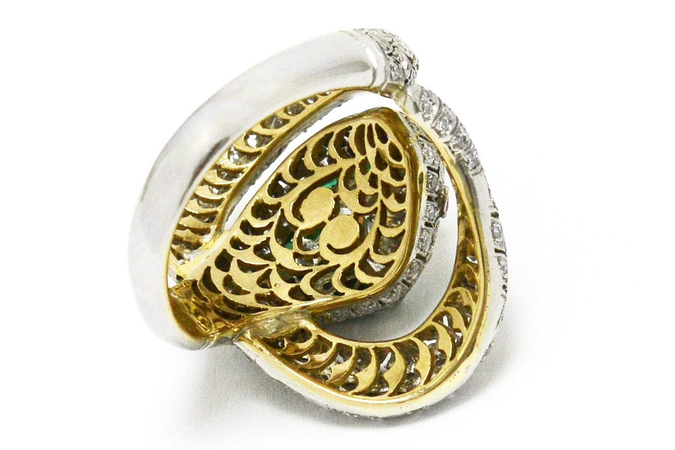 Art Deco Style Snake Ring 1.17 Carat Trillion Diamond Emerald Ruby Egyptian In New Condition In Santa Barbara, CA