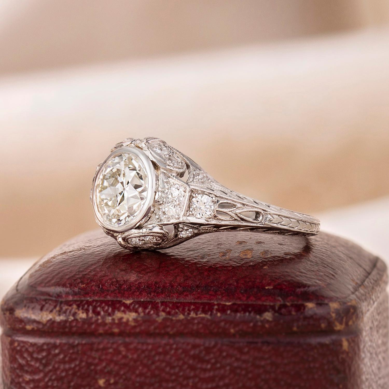 Old European Cut Art Deco 1.50 Ct. Bezel-Set Diamond Engagement Ring K-L VS2 in Platinum For Sale