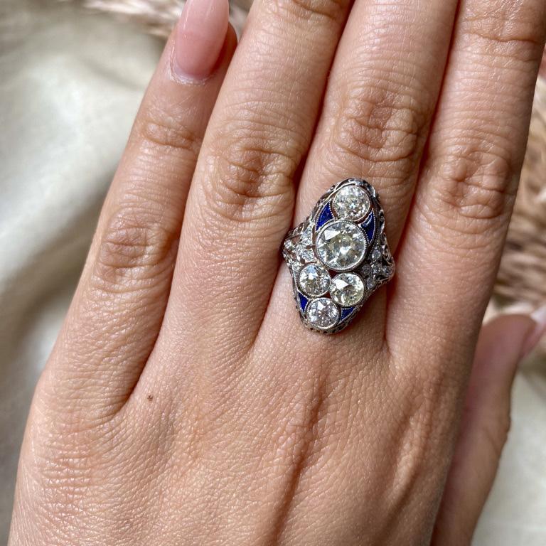 Women's Art Deco 1.89 Ct. Diamond and Sapphire Filigree Platinum Cocktail Ring For Sale