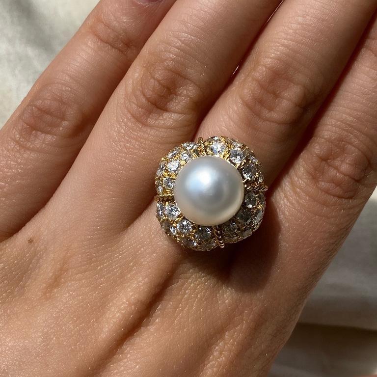 Women's Art Deco Cultured Pearl and Diamond Cocktail Ring For Sale