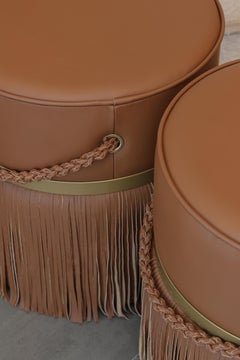 "Revoar" Fringes Ottoman with Chain Handle in Natural Leather and Golden Details