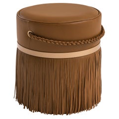 "Revoar" Fringes Ottoman with Chain Handle in Natural Leather and Golden Details