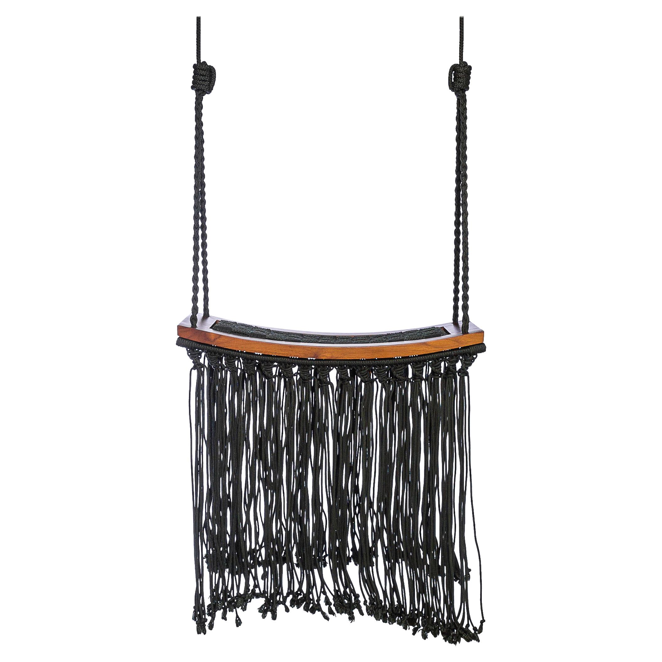 "Revoar" Hanging Swing Chair Outdoor Teak Wood and Naval Rope Fringes For Sale