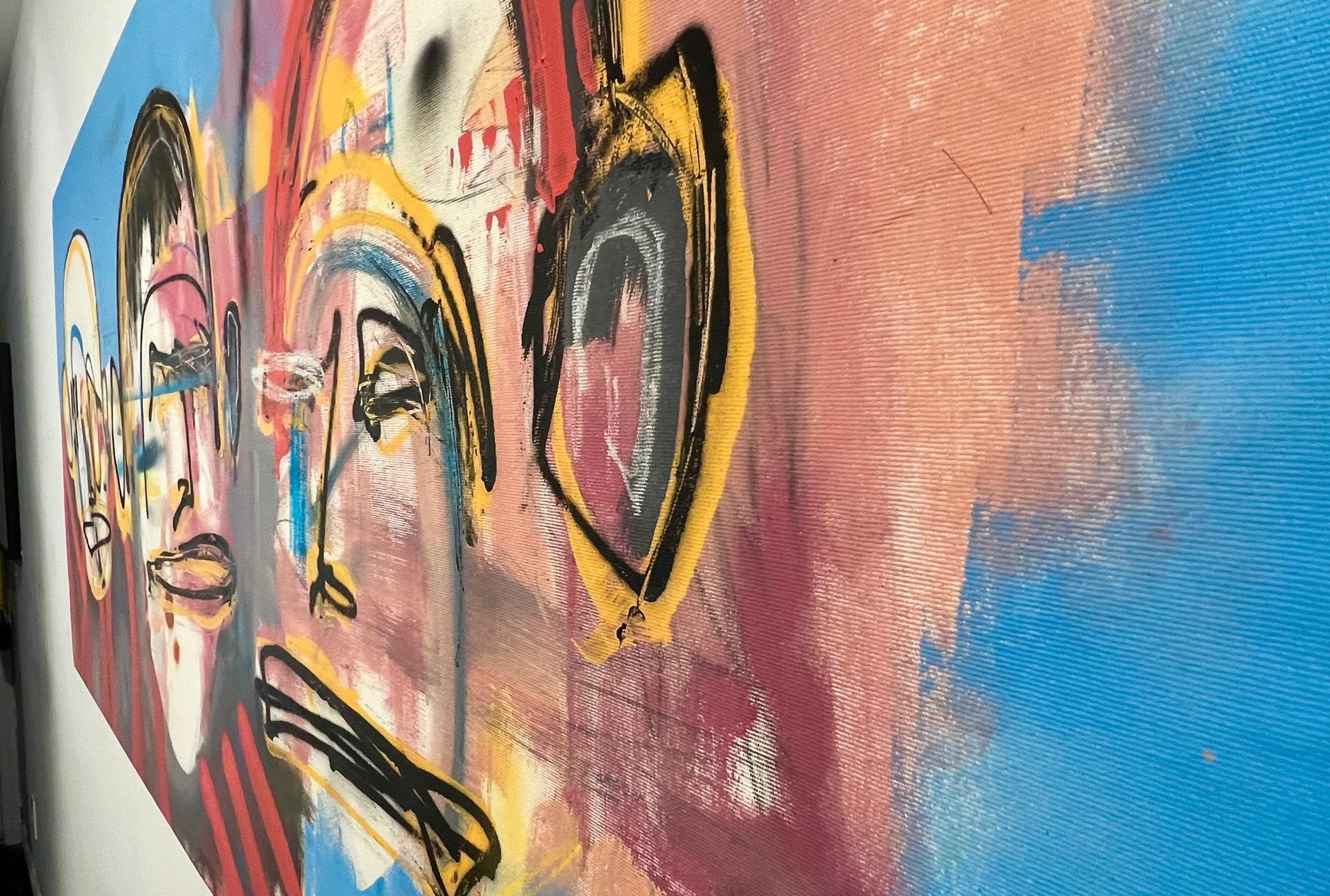 „Weekend“ rotes, Straßenkunst-Graffiti,  Mischtechnik auf Leinwand Contemporary, Pop Art (Grau), Figurative Painting, von Revolue
