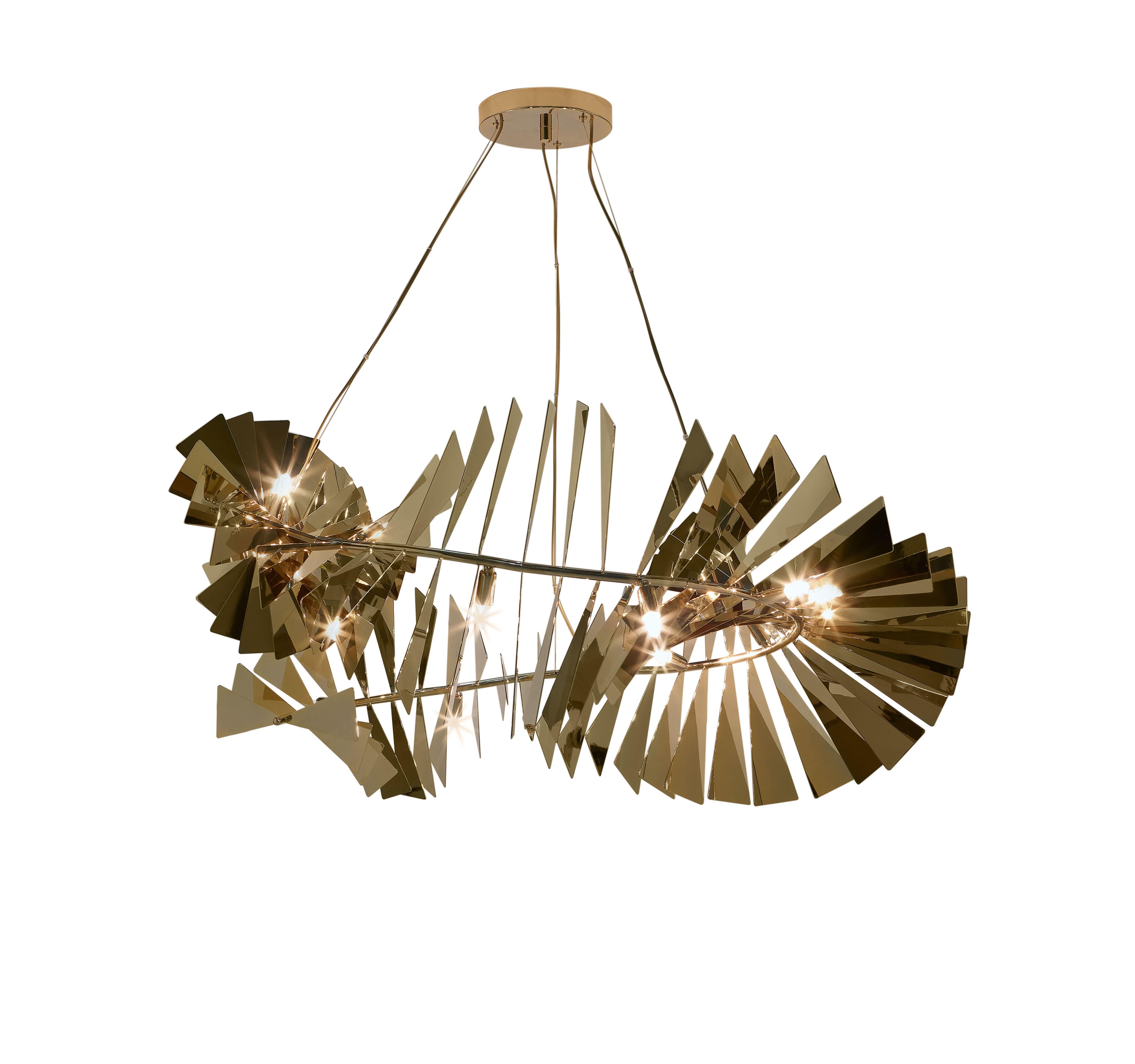 Revolution Large Suspension Lamp by Memoir Essence
Dimensions: D 130 x W 130 x H 66,5 cm.
Materials: Polished brass gold plated.

Revolution is a suspension lamp, a true revolution of brass curved slices, combined in a vortex shape, capable of