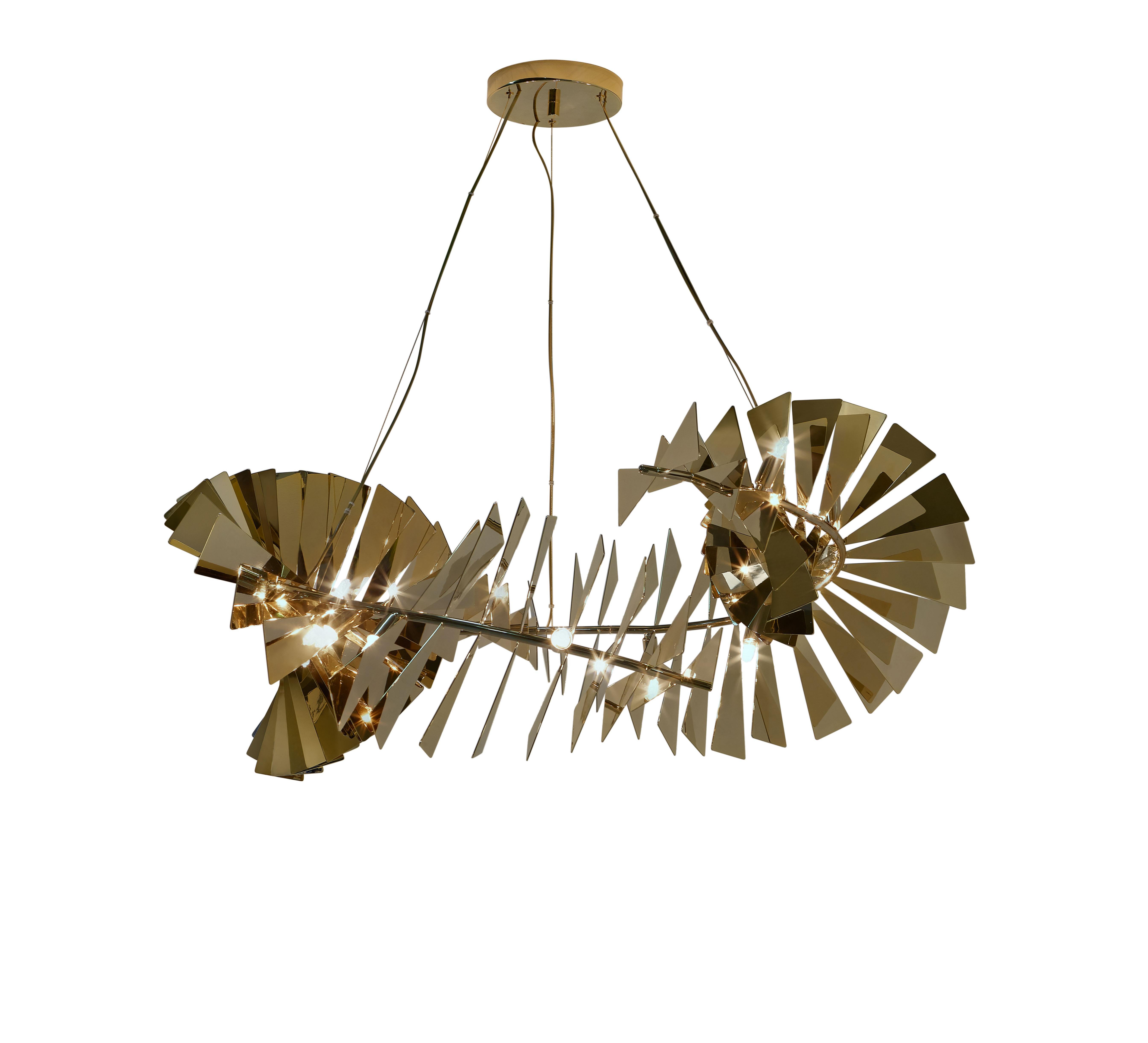 Revolution Suspension Lamp by Memoir Essence
Dimensions: D 110 x W 110 x H 66,5 cm.
Materials: Polished brass gold plated.

Revolution is a suspension lamp, a true revolution of brass curved slices, combined in a vortex shape, capable of bringing to
