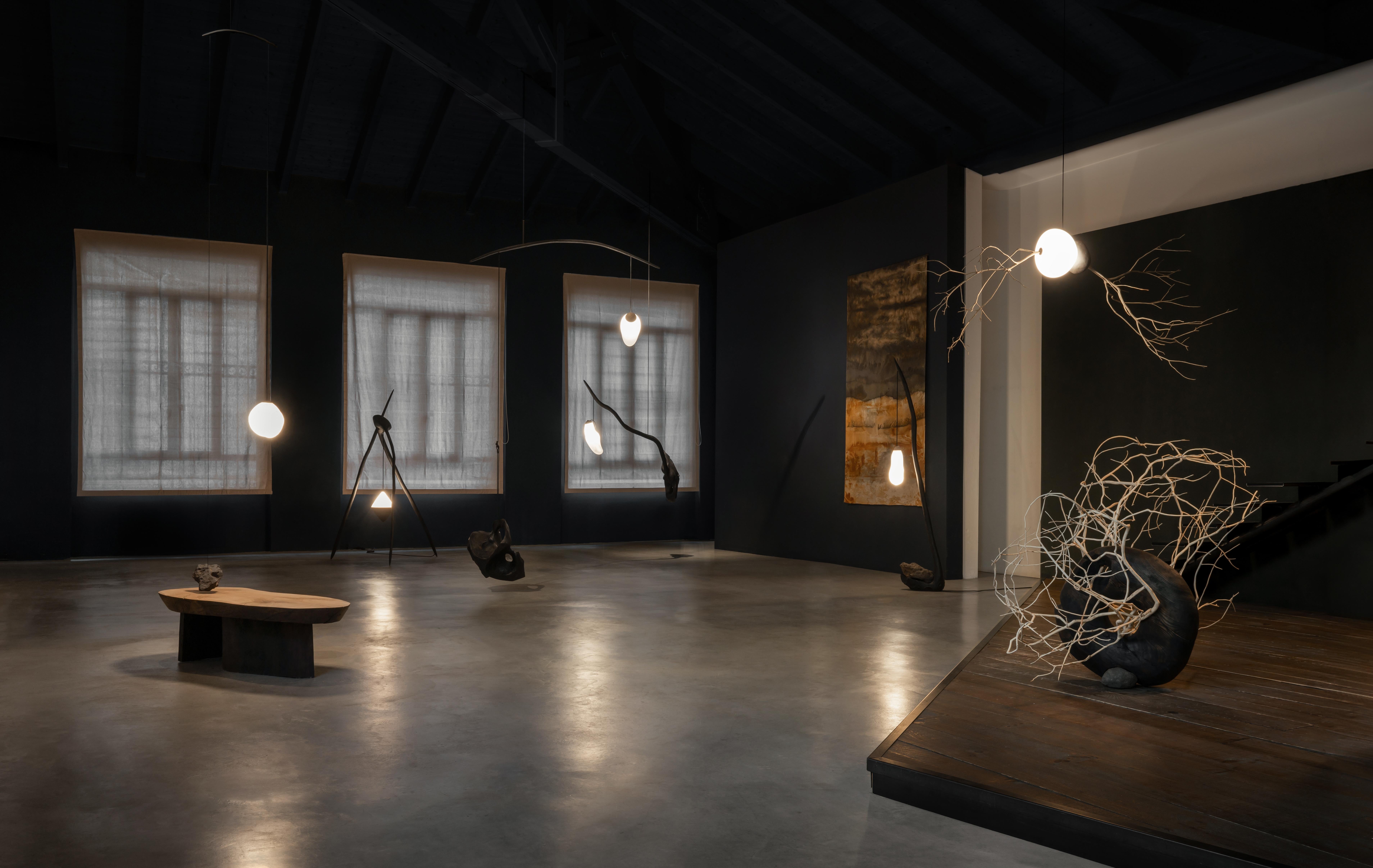 Contemporary Hand-Blown Glass with Wood Frame Organic Wall Light by Jérôme Pereira For Sale