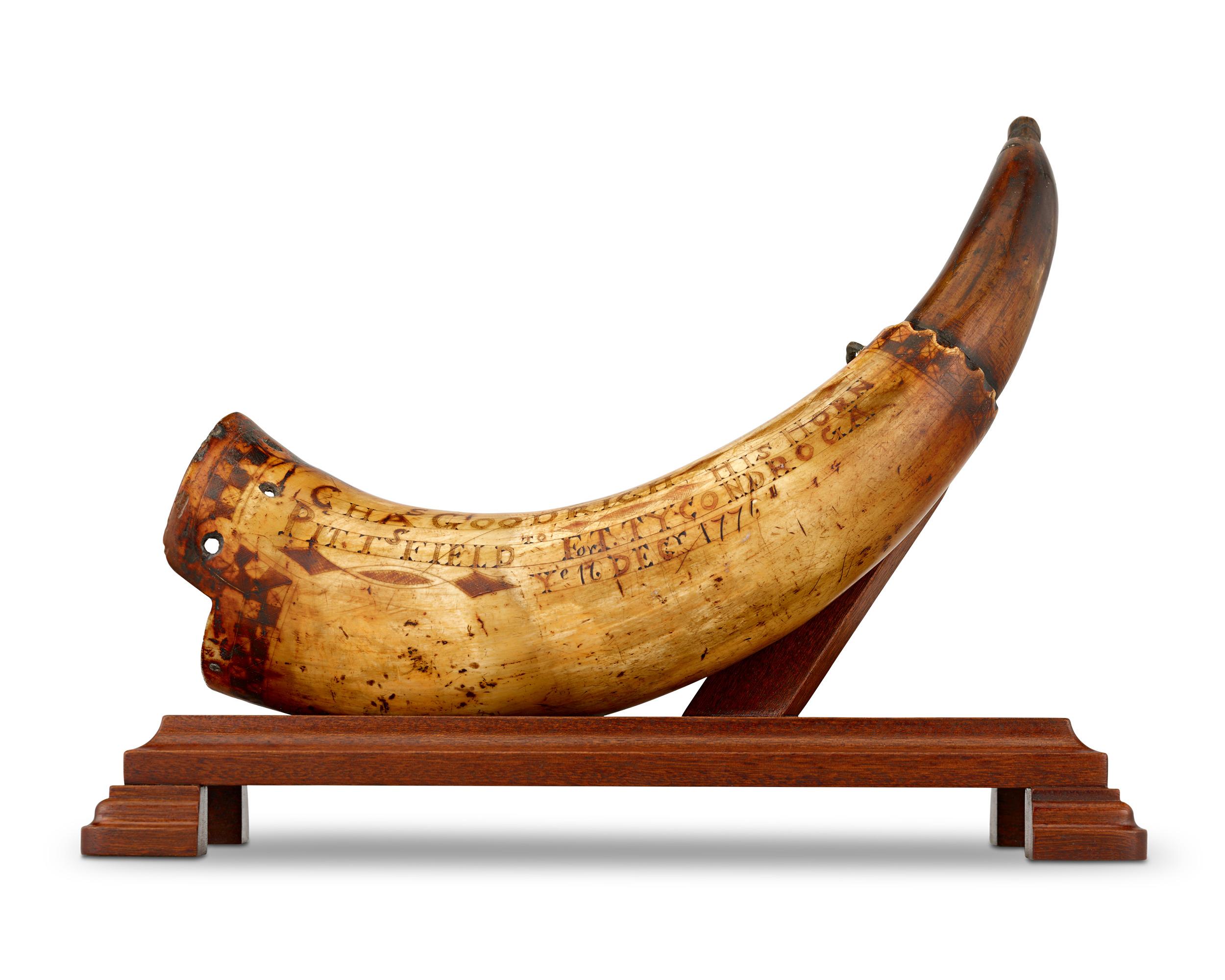 Powder Horn
Engraving by Charles Goodrich
1776

Powder horns stand among the rarest and most treasured forms of American folk art. Unlike commercial objects, these deeply personal items were crafted by soldiers, sailors and explorers for practical