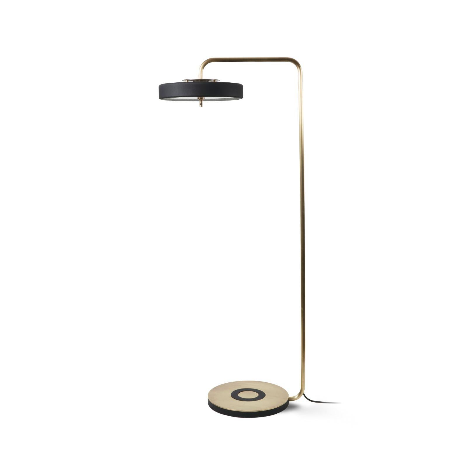 Revolve floor lamp - Brushed brass - Black by Bert Frank
Dimensions: 130 x 35.4 x 9.3 cm
Materials: Brass, Steel

Also available in polished brass
When Adam Yeats and Robbie Llewellyn founded Bert Frank in 2013 it was a meeting of minds and the