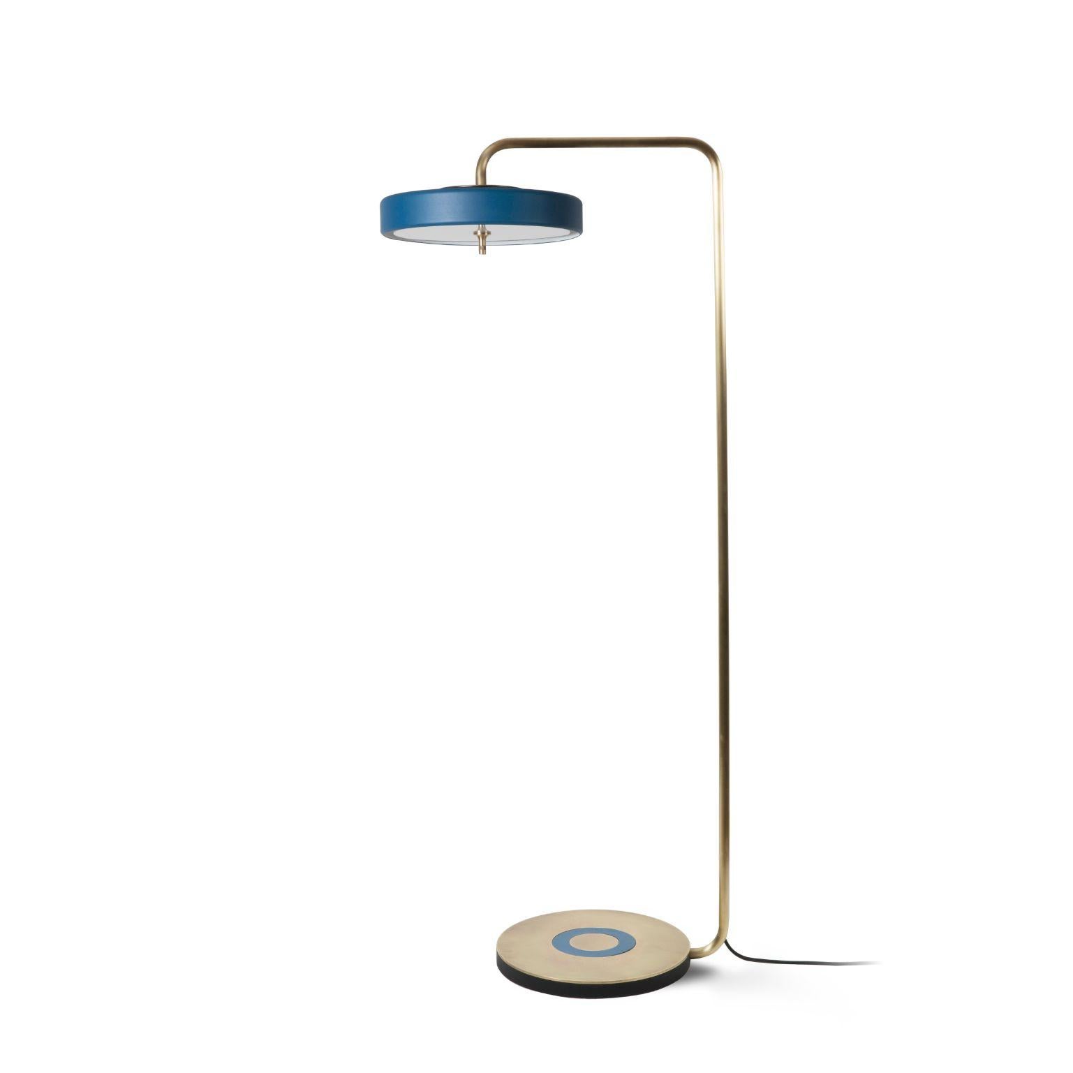 Revolve floor lamp - brushed brass - blue by Bert Frank
Dimensions: 130 x 35.4 x 9.3 cm
Materials: Brass, steel

Also available in polished brass,
When Adam Yeats and Robbie Llewellyn founded Bert Frank in 2013 it was a meeting of minds and the