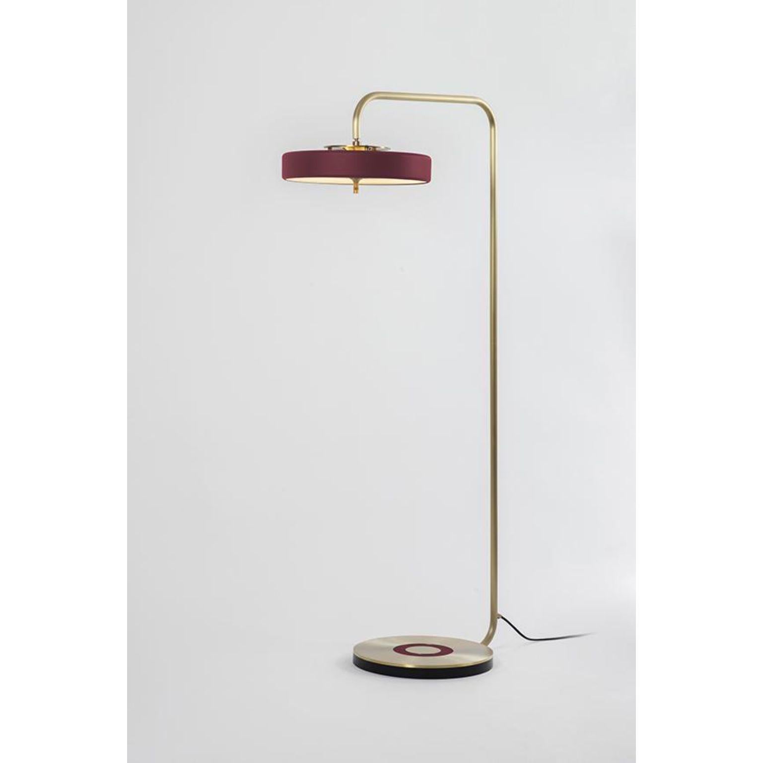 Revolve floor lamp - Brushed brass - Oxblood by Bert Frank
Dimensions: 130 x 35.4 x 9.3 cm
Materials: Brass, steel

Also available in polished brass
When Adam Yeats and Robbie Llewellyn founded Bert Frank in 2013 it was a meeting of minds and