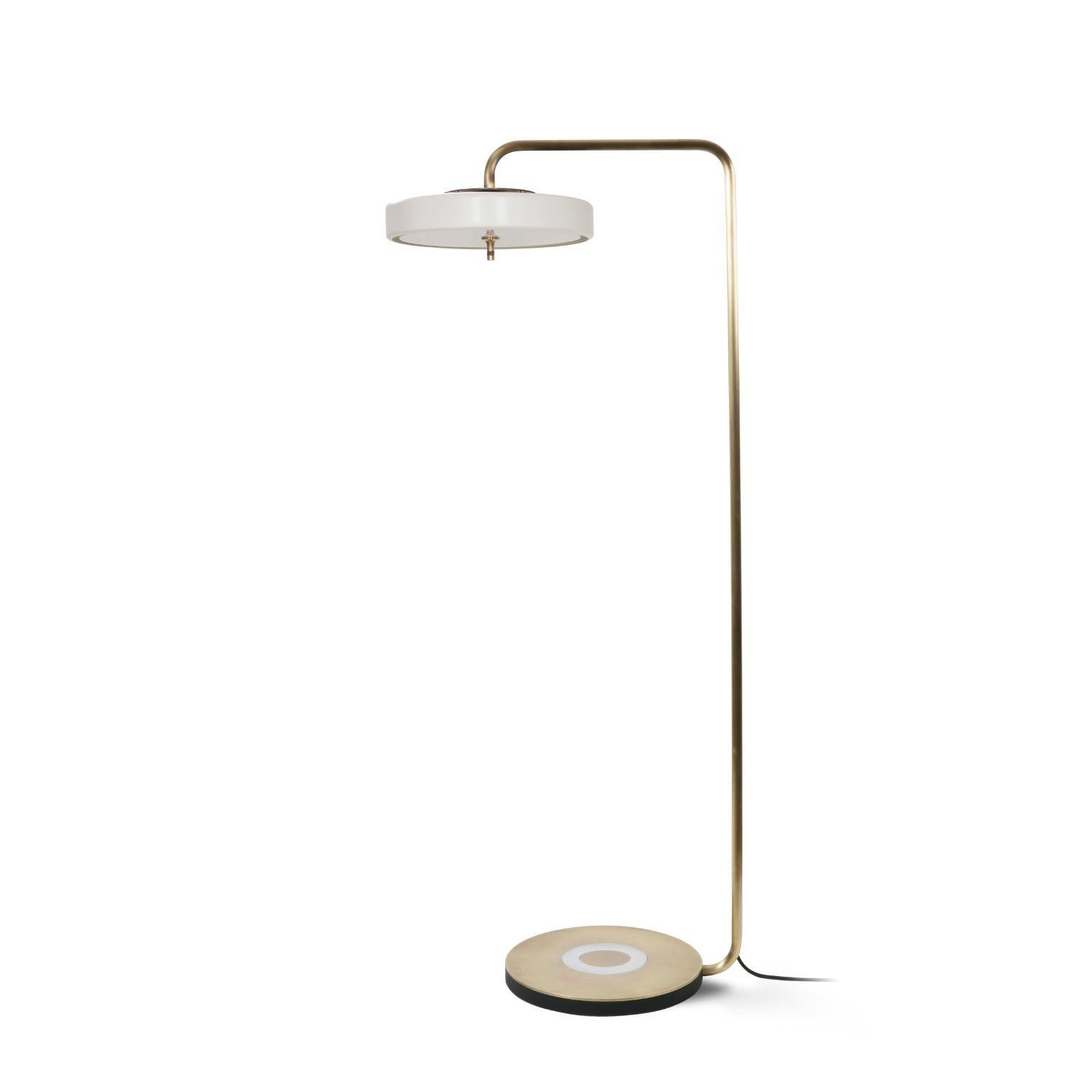 Revolve floor lamp - Brushed brass - White by Bert Frank
Dimensions: 130 x 35.4 x 9.3 cm
Materials: Brass, steel

Also Available in polished brass
When Adam Yeats and Robbie Llewellyn founded Bert Frank in 2013 it was a meeting of minds and the