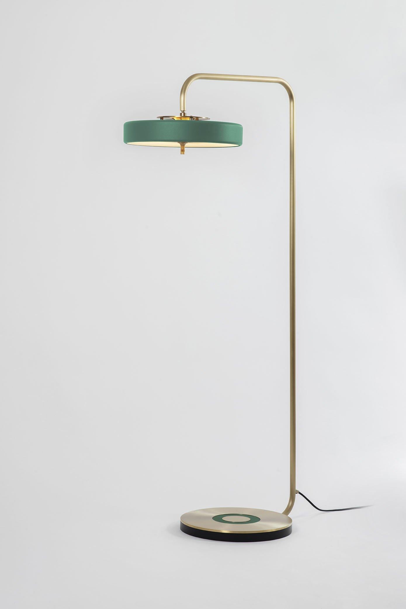 British Revolve Floor Lamp, Polished Brass, Green by Bert Frank