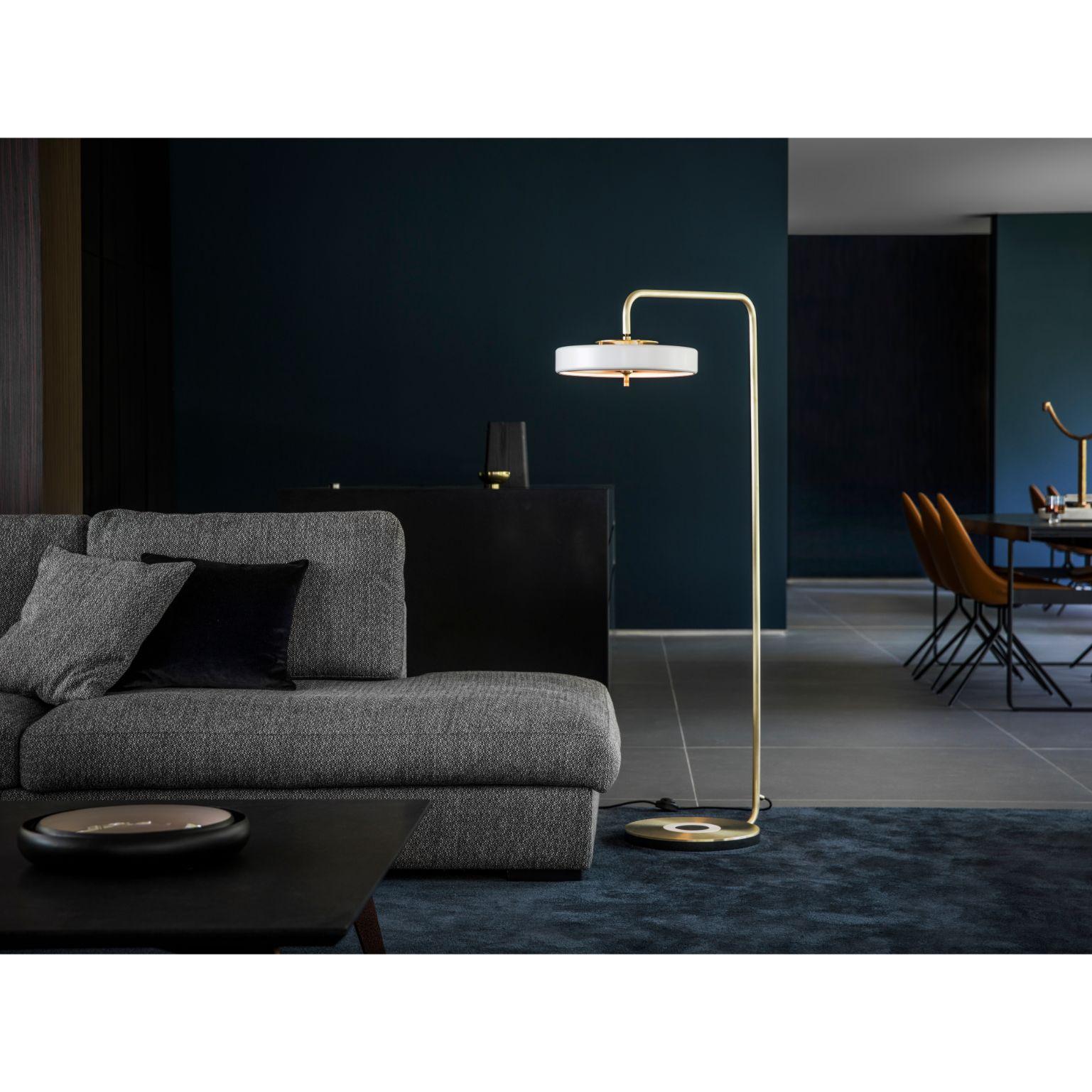 Modern Revolve Floor Lamp, Polished Brass, White by Bert Frank