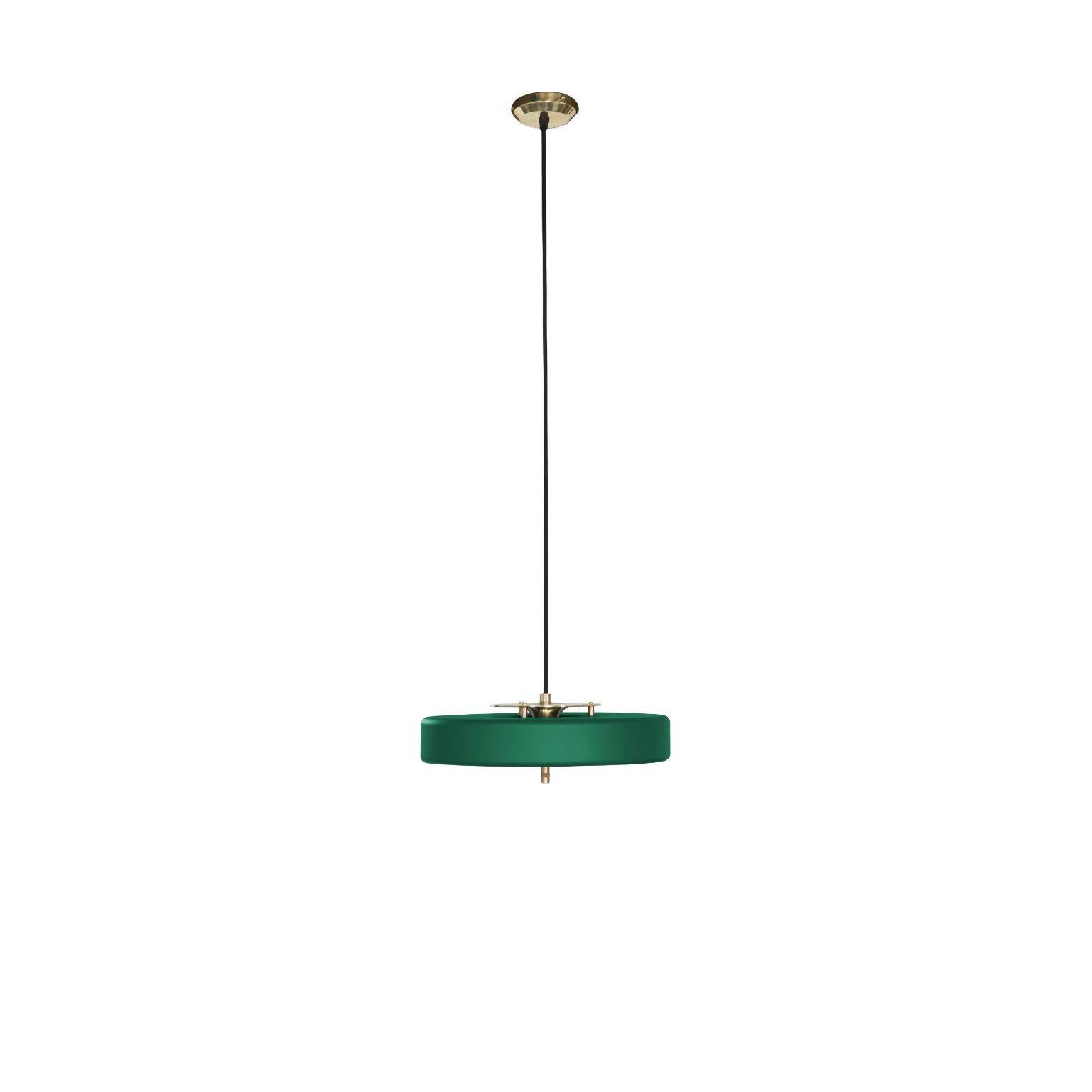 Revolve pendant light - brushed brass - green by Bert Frank
Dimensions: 60-200 x 35 x 11 cm
Materials: Brass, steel

Also available in polished brass

When Adam Yeats and Robbie Llewellyn founded Bert Frank in 2013 it was a meeting of minds