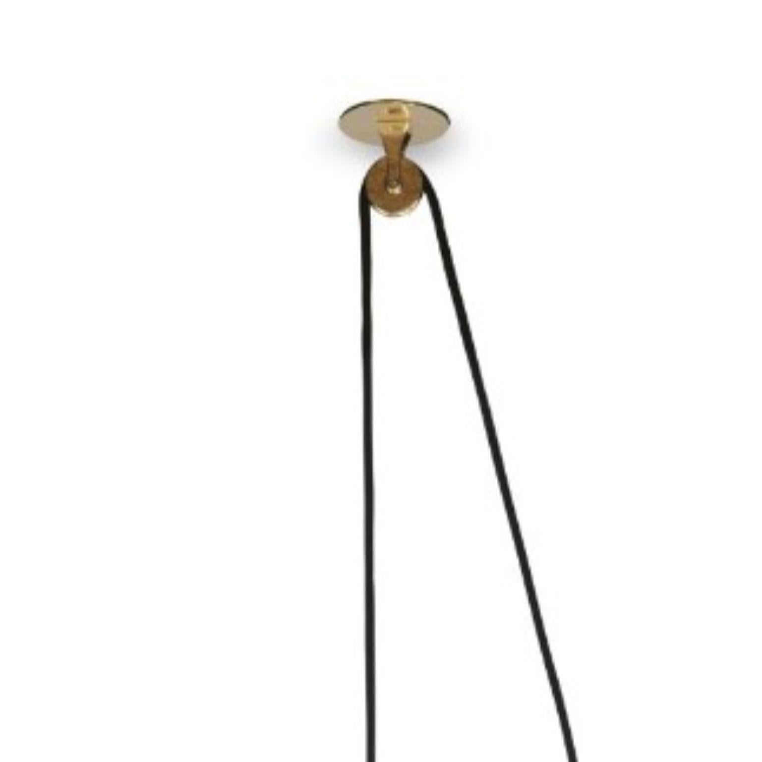 Revolve rise and fall pendant light - Brushed brass - Blue by Bert Frank
Dimensions: 30 x 35 x 11 cm, small lamp: 7.6 cm
Materials: Brass, steel

Also available in polished brass.
When Adam Yeats and Robbie Llewellyn founded Bert Frank in 2013