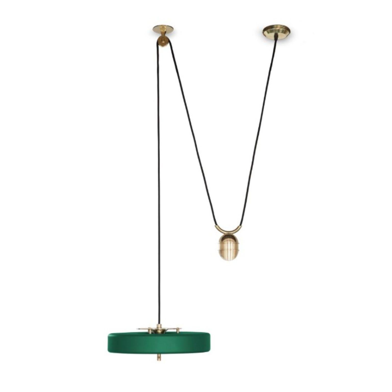 Modern Revolve Rise and Fall Pendant Light, Brushed Brass, Green by Bert Frank For Sale
