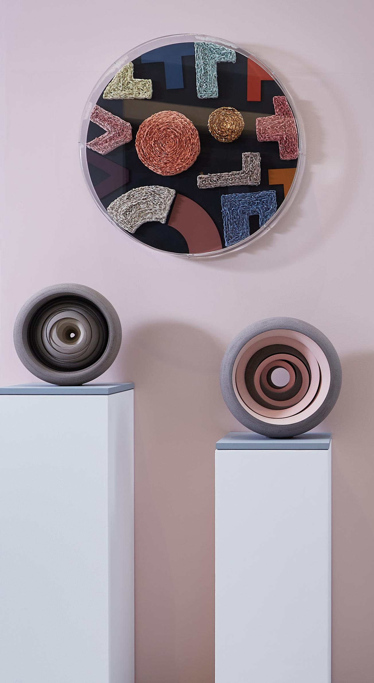 Organic Modern Revolve, Soft Pink, Light Grey, Circular Stoneware Sculpture by Matthew Chambers For Sale