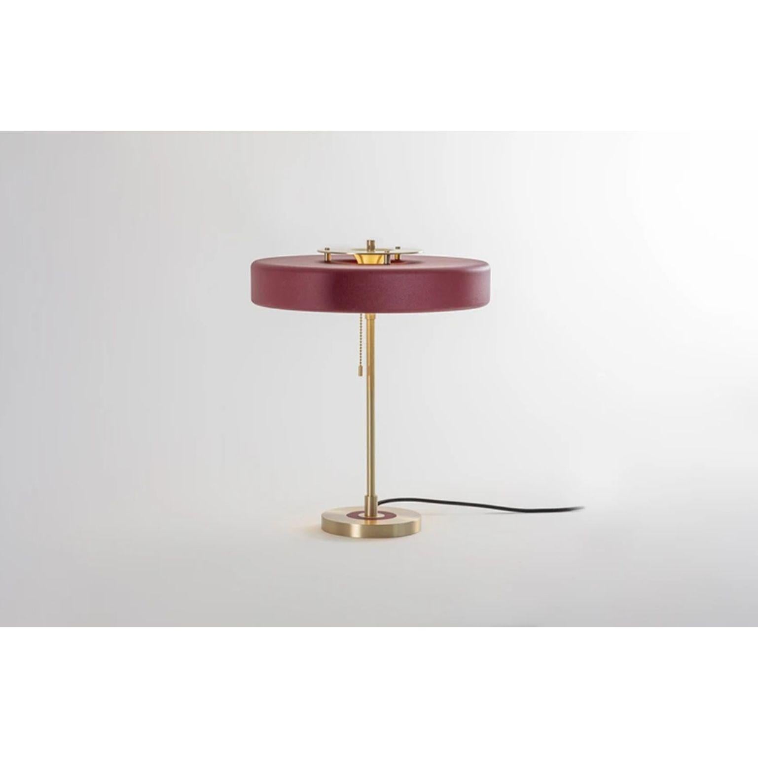 British Revolve Table Lamp, Brushed Brass, Oxblood by Bert Frank For Sale