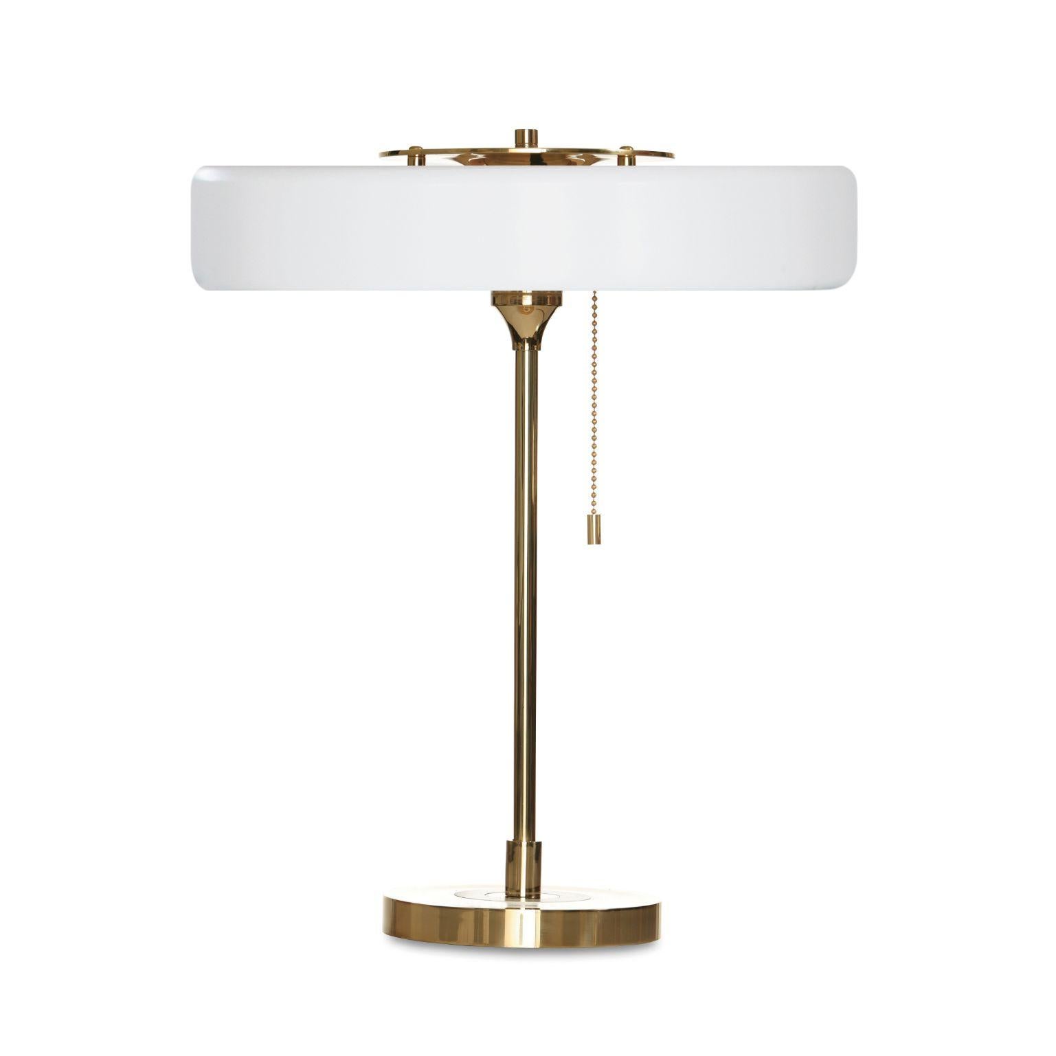 Revolve table lamp - Brushed brass - White by Bert Frank
Dimensions: 42 x 35 x 15 cm
Materials: Brass, Steel

Also available in polished brass.

When Adam Yeats and Robbie Llewellyn founded Bert Frank in 2013 it was a meeting of minds and the start