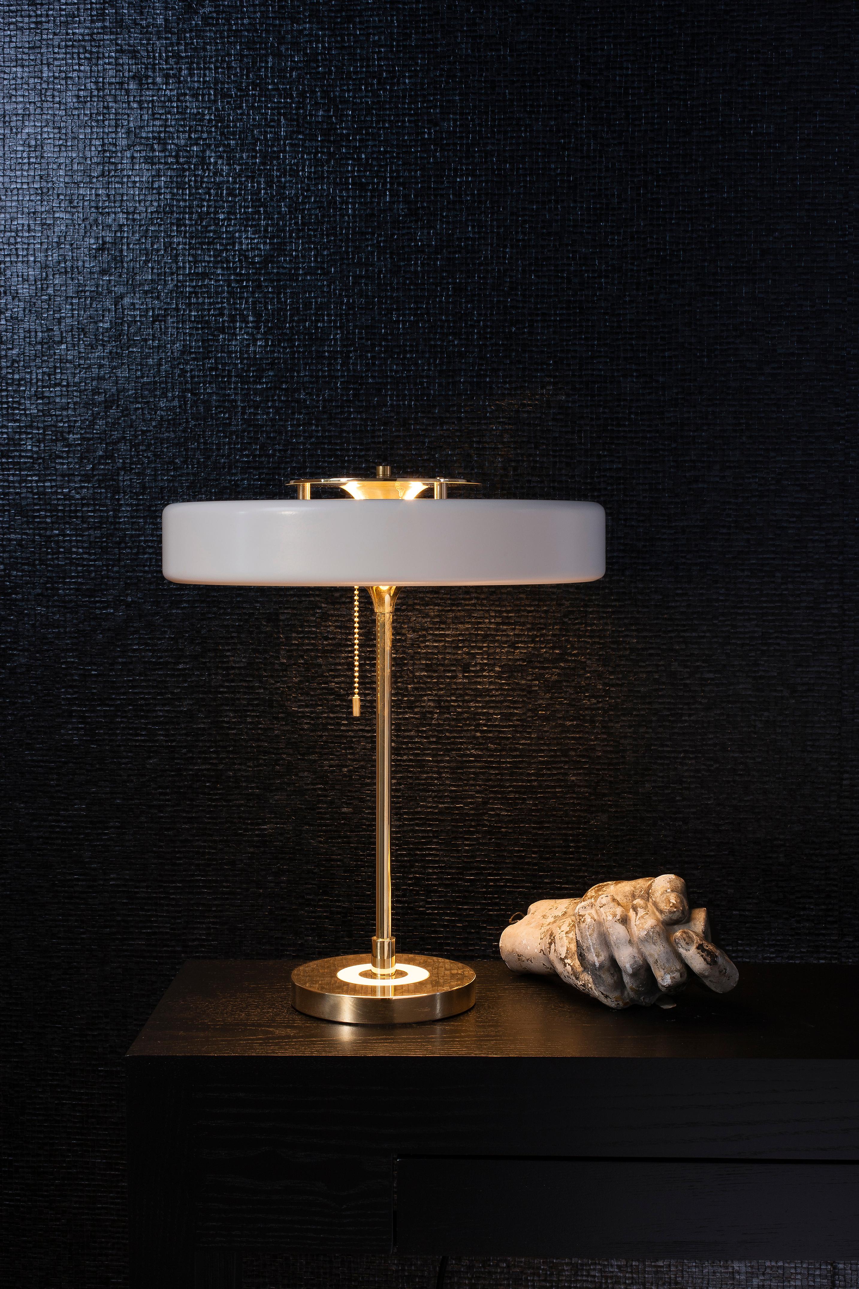 Modern Revolve Table Lamp, Brushed Brass, White by Bert Frank For Sale