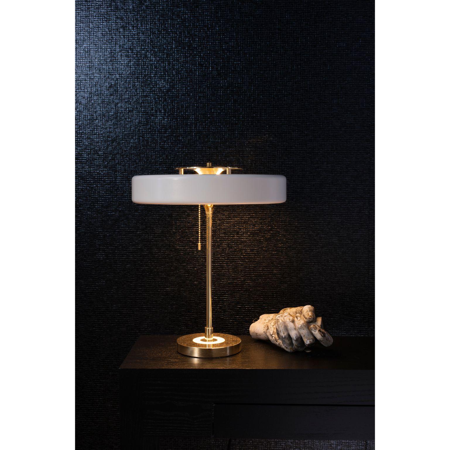 British Revolve Table Lamp, Brushed Brass, White by Bert Frank For Sale