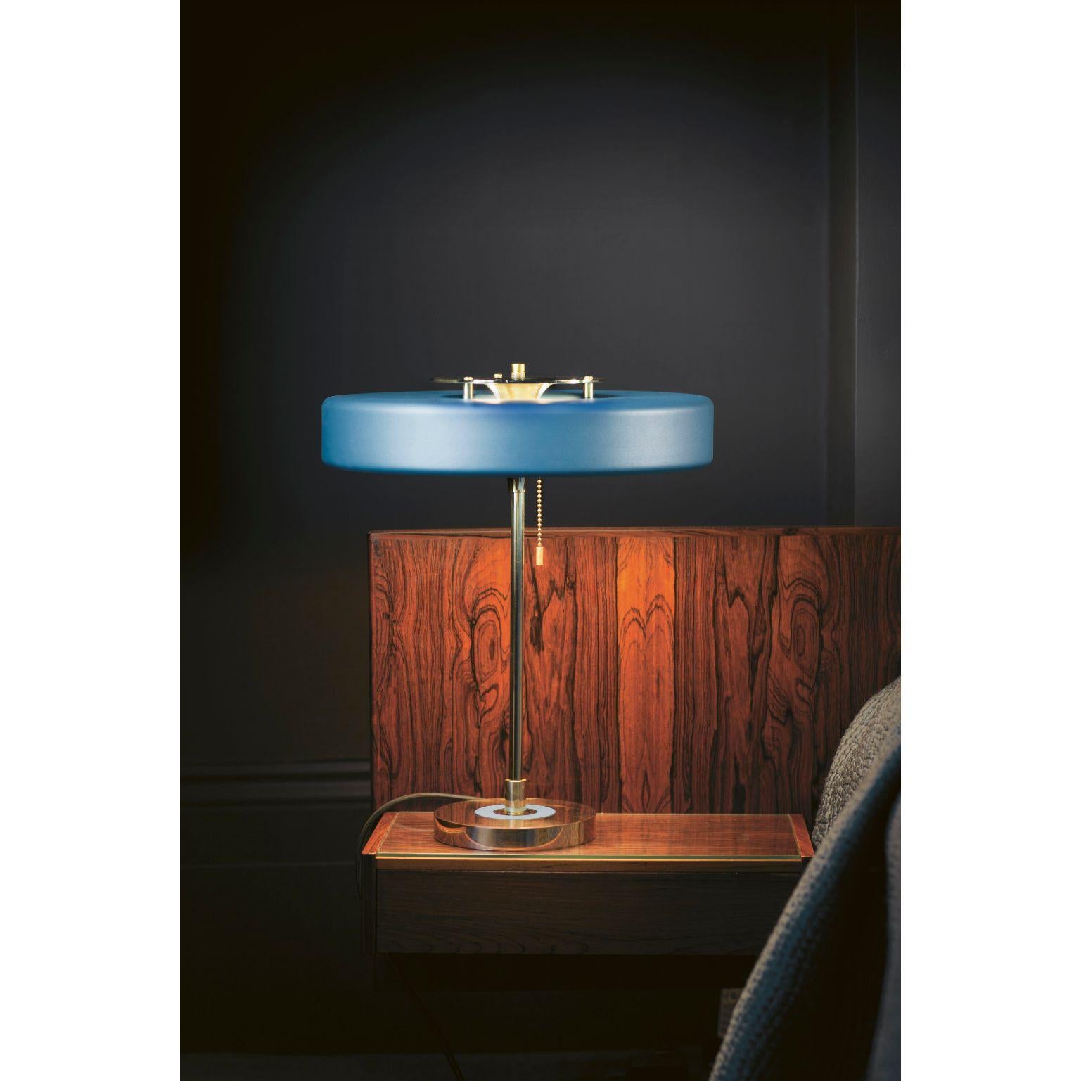 Modern Revolve Table Lamp, Polished Brass, Blue by Bert Frank For Sale