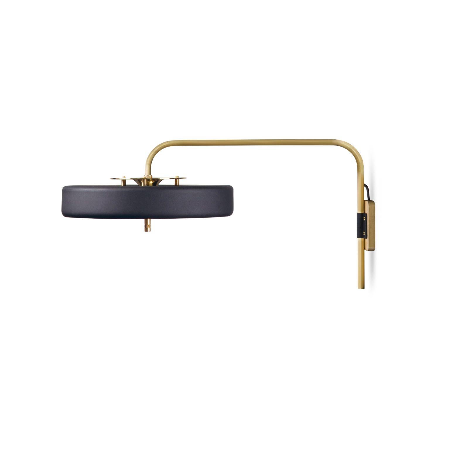 Revolve wall light - Brushed brass - Black by Bert Frank
Dimensions: 31 x 63 x 35 cm
Materials: Brass, steel

Available in polished brass

Flush-fitting opal glass shade with central dome of polished marble – white Carrara or green Guatemala – held