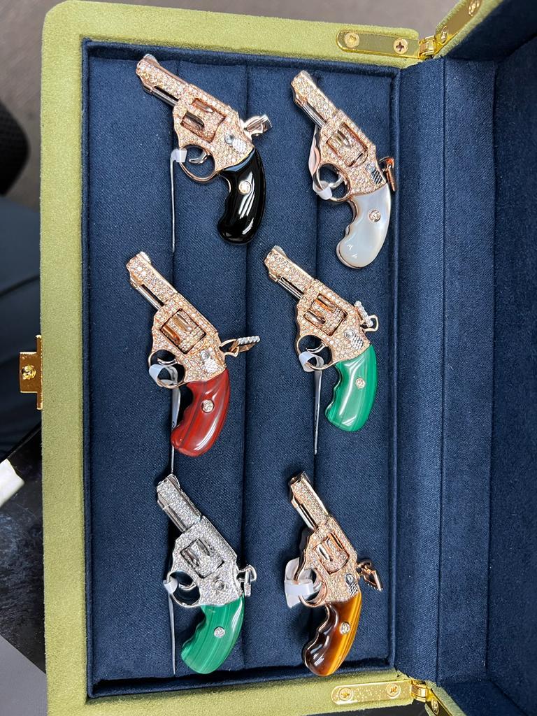 Diamond Gun Revolver White Pearl Gem 18 Karat Rose Gold Necklace Pendant Charm In New Condition For Sale In Oakton, VA