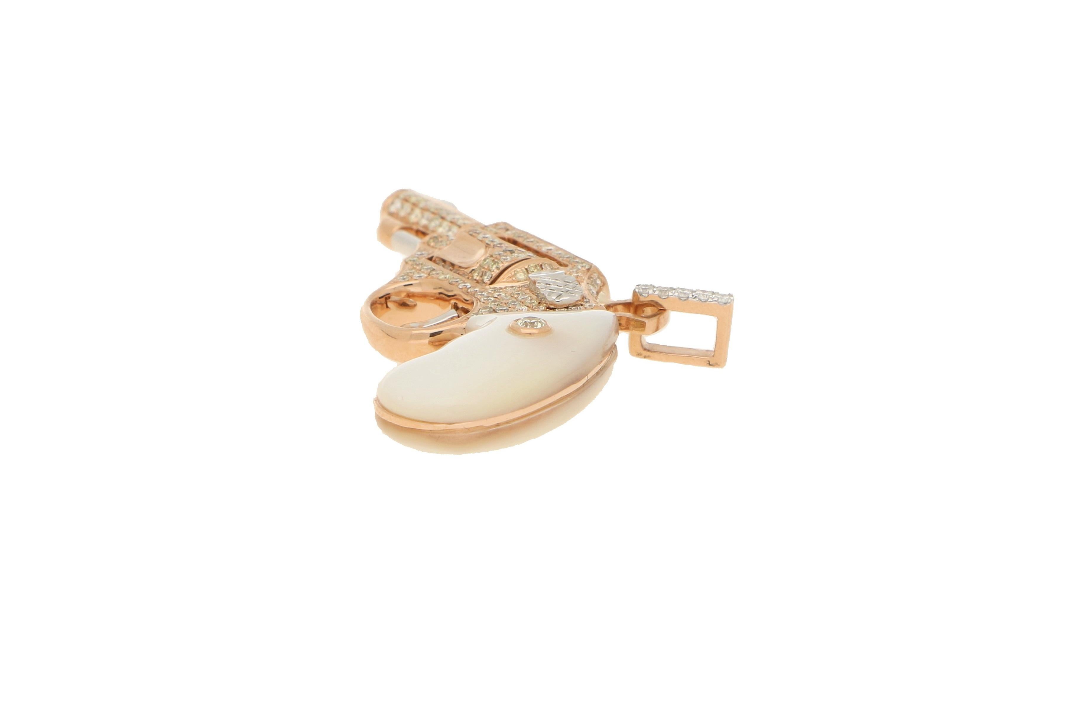 Diamond Gun Revolver White Pearl Gem 18 Karat Rose Gold Necklace Pendant Charm For Sale 1