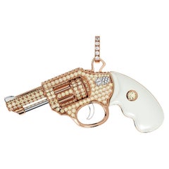 Diamond Gun Revolver White Pearl Gem 18 Karat Rose Gold Necklace Pendant Charm