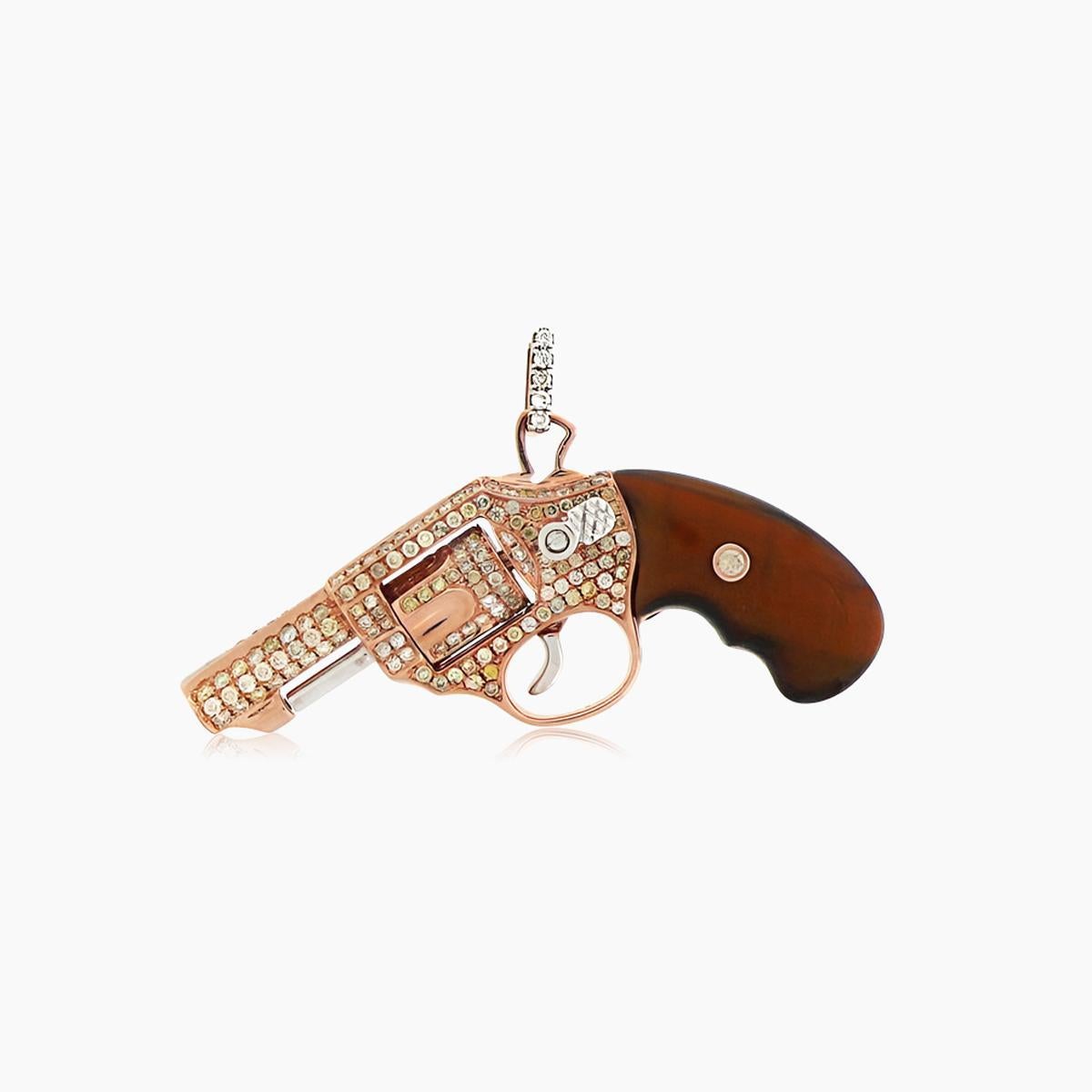 Mixed Cut Revolver Tiger Eye Fancy Diamond & White Diamond 18K Rose Gold Gun Ring For Sale
